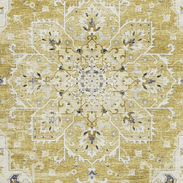 HomeRoots 8' X 10' Elegant Gold, Ivory & Blue Floral Medallion Area Rug - Washable, UV Protected & Stain Resistant 644536