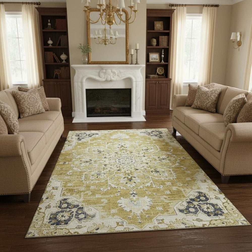 HomeRoots 9' X 12' Elegant Gold Ivory Blue Floral Medallion Area Rug – Washable, UV-Protected, Perfect for Homes 644537
