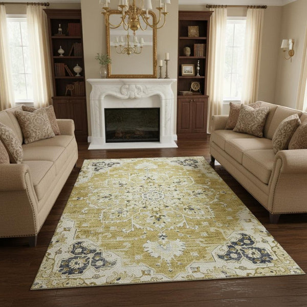 HomeRoots 9' X 12' Elegant Gold Ivory Blue Floral Medallion Area Rug – Washable, UV-Protected, Perfect for Homes 644537