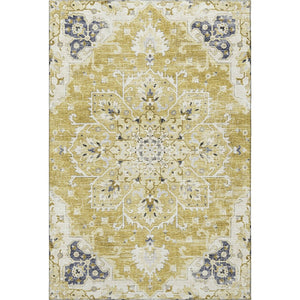 HomeRoots 9' X 12' Elegant Gold Ivory Blue Floral Medallion Area Rug – Washable, UV-Protected, Perfect for Homes 644537