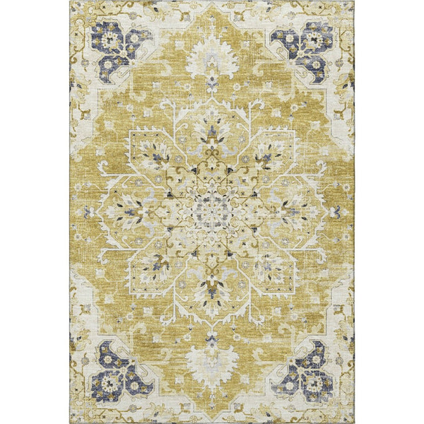 HomeRoots 9' X 12' Elegant Gold Ivory Blue Floral Medallion Area Rug – Washable, UV-Protected, Perfect for Homes 644537