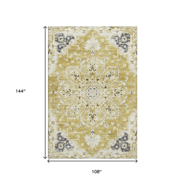 HomeRoots 9' X 12' Elegant Gold Ivory Blue Floral Medallion Area Rug – Washable, UV-Protected, Perfect for Homes 644537