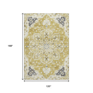 HomeRoots 10' Elegant Gold Ivory Blue Floral Medallion Area Rug - Washable, Stain-Resistant, UV Protected! 644538