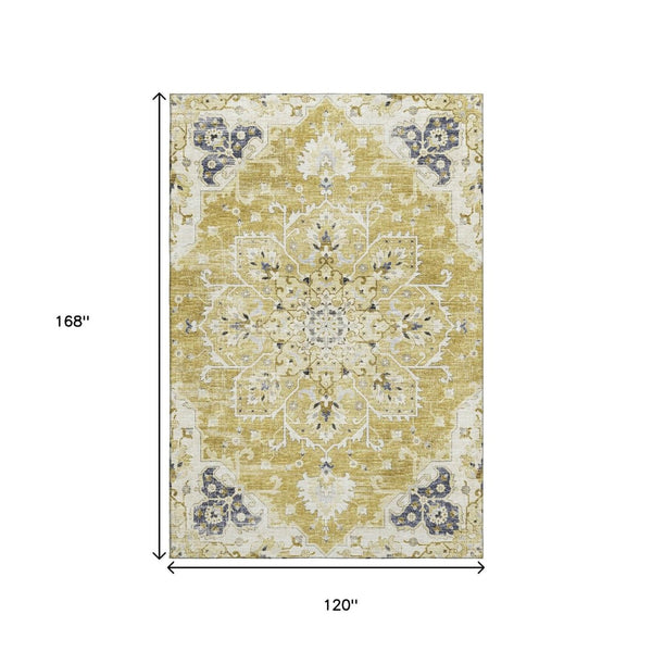 HomeRoots 10' Elegant Gold Ivory Blue Floral Medallion Area Rug - Washable, Stain-Resistant, UV Protected! 644538