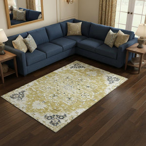 HomeRoots 10' Elegant Gold Ivory Blue Floral Medallion Area Rug - Washable, Stain-Resistant, UV Protected! 644538