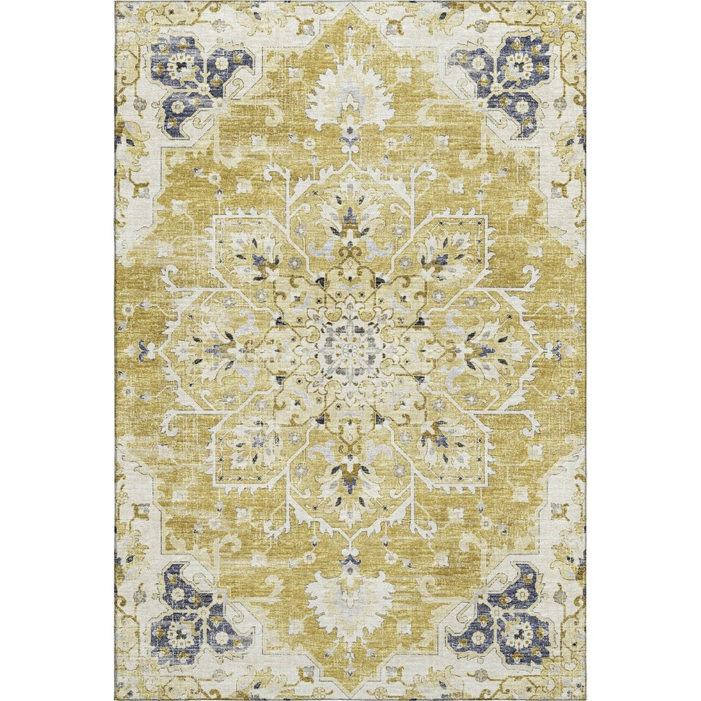 HomeRoots 10' Elegant Gold Ivory Blue Floral Medallion Area Rug - Washable, Stain-Resistant, UV Protected! 644538