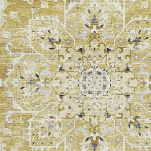 HomeRoots 10' Elegant Gold Ivory Blue Floral Medallion Area Rug - Washable, Stain-Resistant, UV Protected! 644538
