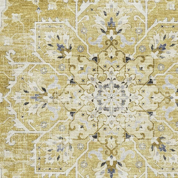 HomeRoots 10' Elegant Gold Ivory Blue Floral Medallion Area Rug - Washable, Stain-Resistant, UV Protected! 644538