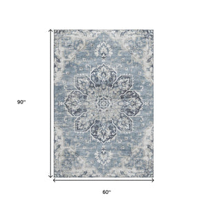 HomeRoots 5' X 8' Blue Ivory Gray Floral Medallion Area Rug - Washable, UV Protected, Stain-Resistant Design 644540