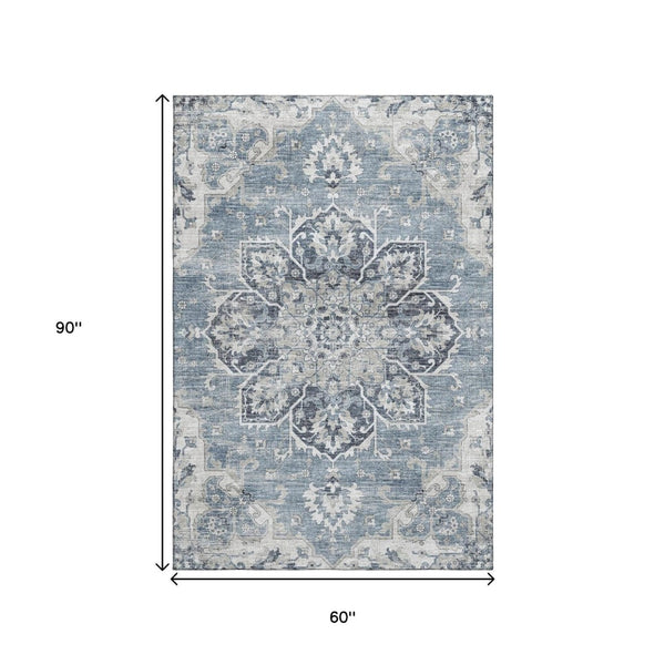 HomeRoots 5' X 8' Blue Ivory Gray Floral Medallion Area Rug - Washable, UV Protected, Stain-Resistant Design 644540