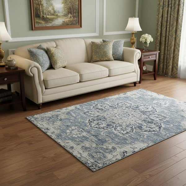 HomeRoots 5' X 8' Blue Ivory Gray Floral Medallion Area Rug - Washable, UV Protected, Stain-Resistant Design 644540