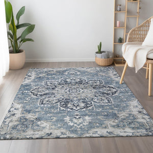 HomeRoots 5' X 8' Blue Ivory Gray Floral Medallion Area Rug - Washable, UV Protected, Stain-Resistant Design 644540