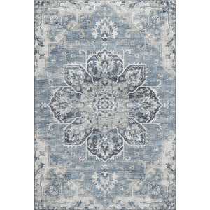 HomeRoots 5' X 8' Blue Ivory Gray Floral Medallion Area Rug - Washable, UV Protected, Stain-Resistant Design 644540