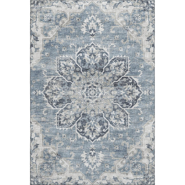 HomeRoots 5' X 8' Blue Ivory Gray Floral Medallion Area Rug - Washable, UV Protected, Stain-Resistant Design 644540
