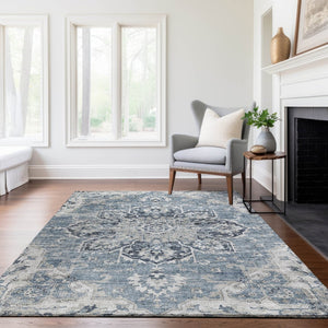 HomeRoots 5' X 8' Blue Ivory Gray Floral Medallion Area Rug - Washable, UV Protected, Stain-Resistant Design 644540