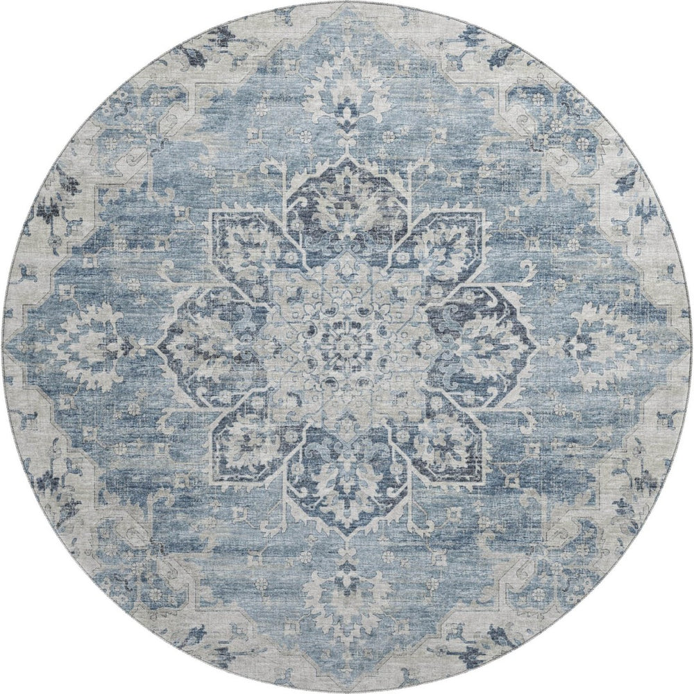 HomeRoots 8' Blue Ivory and Gray Floral Medallion Round Rug - Washable, UV Protected, Perfect for Homes with Kids! 644541