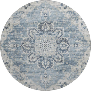 HomeRoots 8' Blue Ivory and Gray Floral Medallion Round Rug - Washable, UV Protected, Perfect for Homes with Kids! 644541
