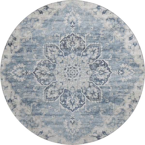 HomeRoots 8' Blue Ivory and Gray Floral Medallion Round Rug - Washable, UV Protected, Perfect for Homes with Kids! 644541