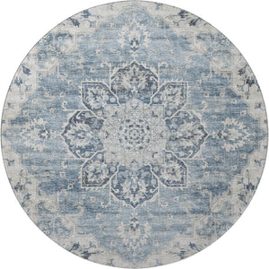 HomeRoots 8' Blue Ivory and Gray Floral Medallion Round Rug - Washable, UV Protected, Perfect for Homes with Kids! 644541