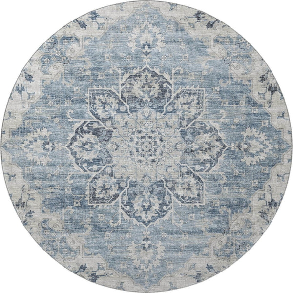 HomeRoots 8' Blue Ivory and Gray Floral Medallion Round Rug - Washable, UV Protected, Perfect for Homes with Kids! 644541