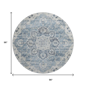 HomeRoots 8' Blue Ivory and Gray Floral Medallion Round Rug - Washable, UV Protected, Perfect for Homes with Kids! 644541