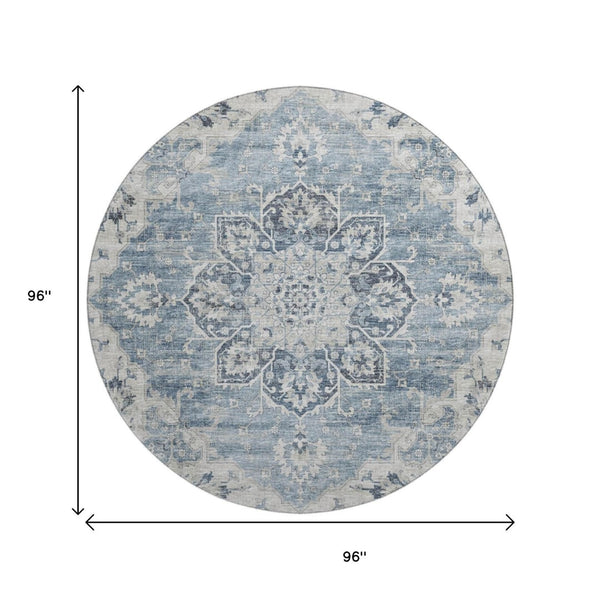 HomeRoots 8' Blue Ivory and Gray Floral Medallion Round Rug - Washable, UV Protected, Perfect for Homes with Kids! 644541