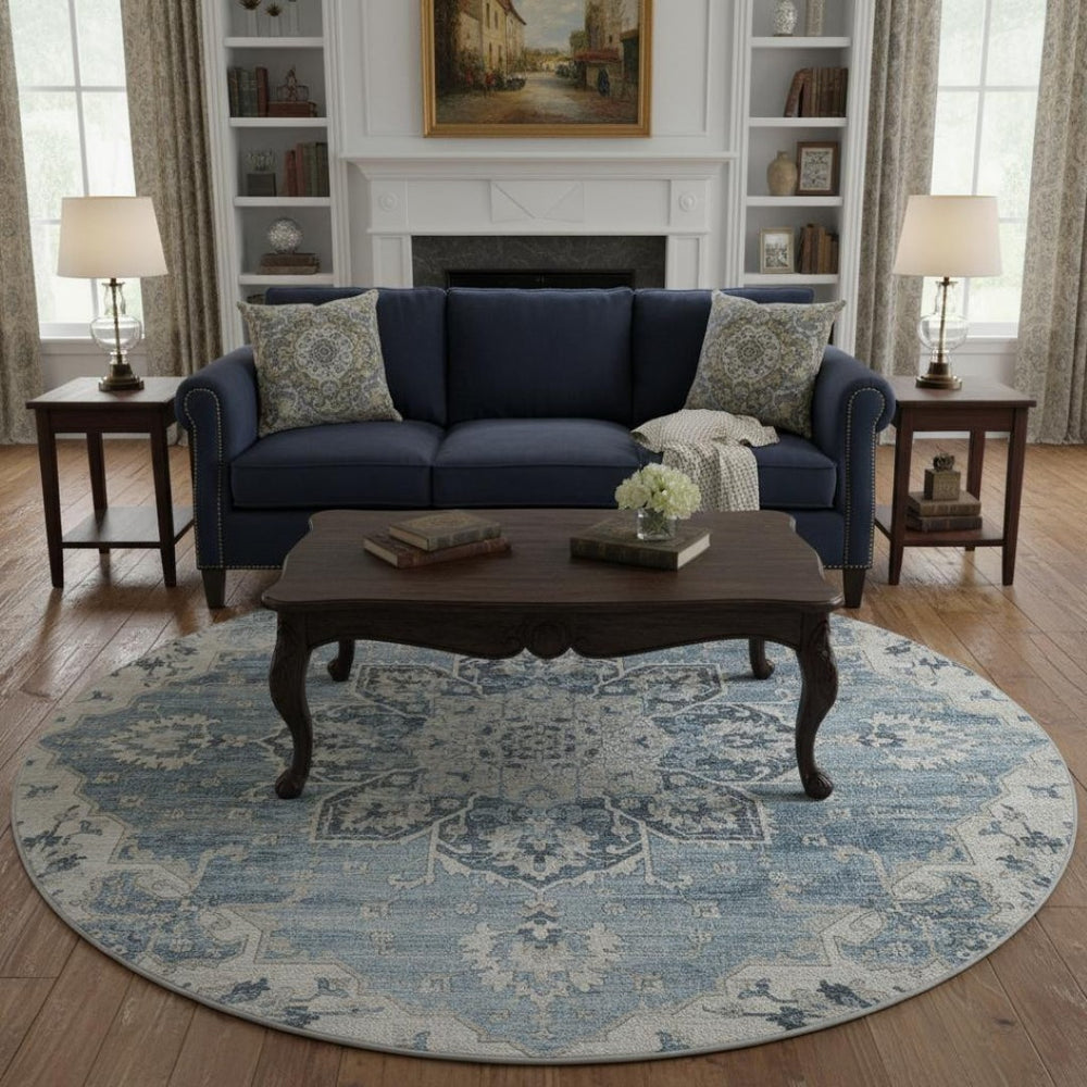 HomeRoots 8' Blue Ivory and Gray Floral Medallion Round Rug - Washable, UV Protected, Perfect for Homes with Kids! 644541