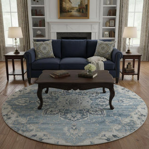 HomeRoots 8' Blue Ivory and Gray Floral Medallion Round Rug - Washable, UV Protected, Perfect for Homes with Kids! 644541