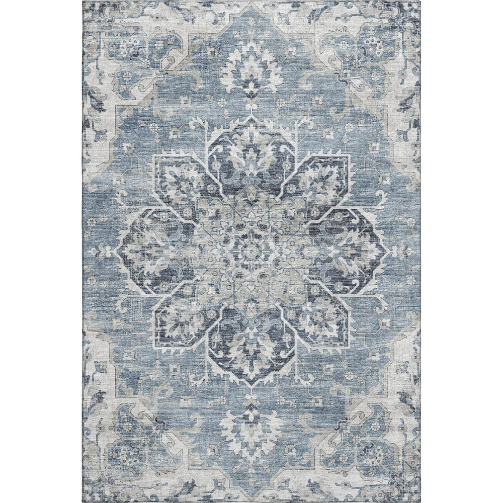 HomeRoots 8' X 10' Floral Medallion Area Rug in Blue, Ivory & Gray – Washable, Stain Resistant & UV Protected! 644542