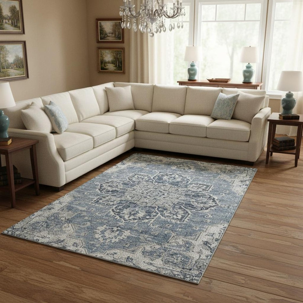 HomeRoots 8' X 10' Floral Medallion Area Rug in Blue, Ivory & Gray – Washable, Stain Resistant & UV Protected! 644542