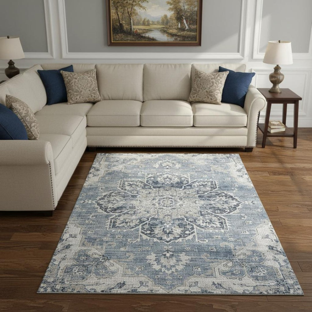 HomeRoots 9' X 12' Blue Ivory Gray Floral Medallion Rug - Washable, Stain Resistant, UV Protected for Durability 644543