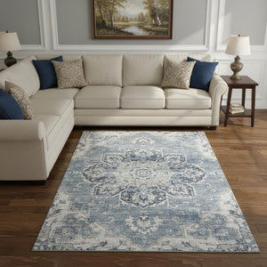 HomeRoots 9' X 12' Blue Ivory Gray Floral Medallion Rug - Washable, Stain Resistant, UV Protected for Durability 644543