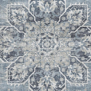 HomeRoots 9' X 12' Blue Ivory Gray Floral Medallion Rug - Washable, Stain Resistant, UV Protected for Durability 644543