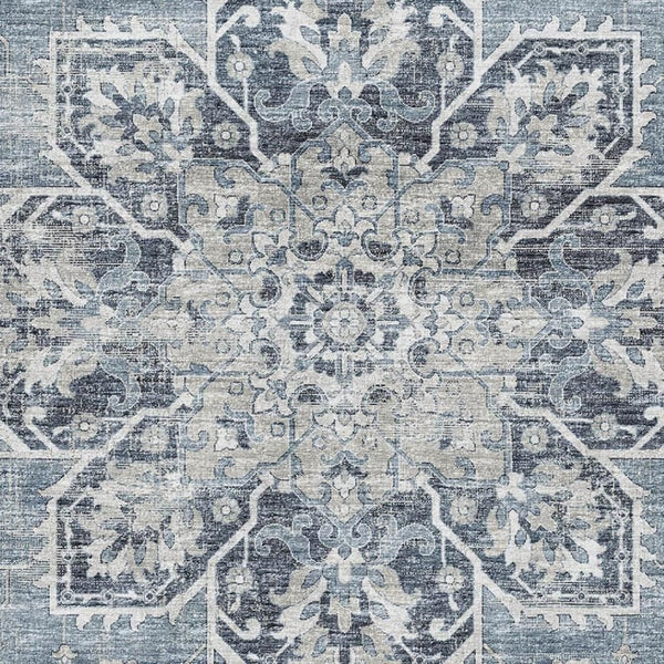 HomeRoots 9' X 12' Blue Ivory Gray Floral Medallion Rug - Washable, Stain Resistant, UV Protected for Durability 644543