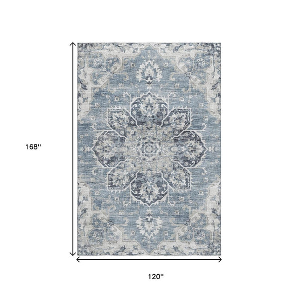 HomeRoots 10' Blue Ivory Gray Floral Medallion Area Rug - Washable, UV Protected, Perfect for Large Spaces! 644544