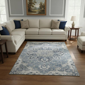 HomeRoots 10' Blue Ivory Gray Floral Medallion Area Rug - Washable, UV Protected, Perfect for Large Spaces! 644544