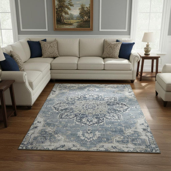 HomeRoots 10' Blue Ivory Gray Floral Medallion Area Rug - Washable, UV Protected, Perfect for Large Spaces! 644544