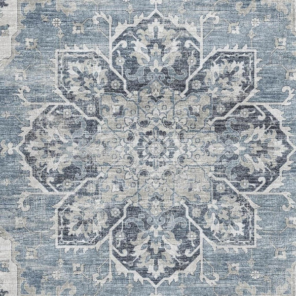 HomeRoots 10' Blue Ivory Gray Floral Medallion Area Rug - Washable, UV Protected, Perfect for Large Spaces! 644544