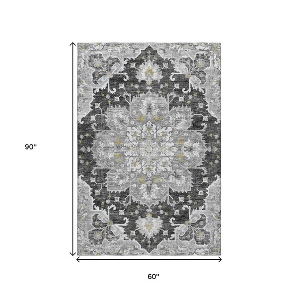 HomeRoots 5' X 8' Graphite Gold Charcoal Floral Medallion Area Rug - Washable, UV Protected, Stain Resistant! 644546