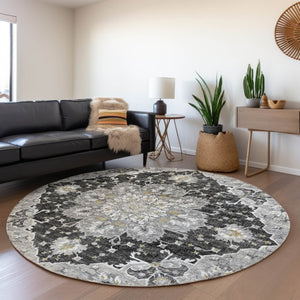 HomeRoots 8' Stylish Graphite Gold Charcoal Floral Medallion Round Rug - Washable, UV Protected, Durable Design 644547