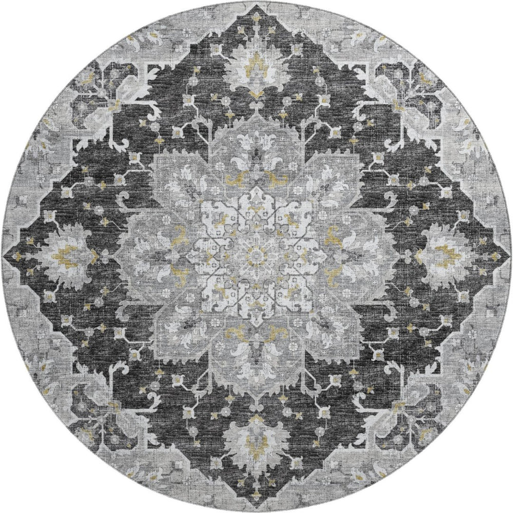 HomeRoots 8' Stylish Graphite Gold Charcoal Floral Medallion Round Rug - Washable, UV Protected, Durable Design 644547