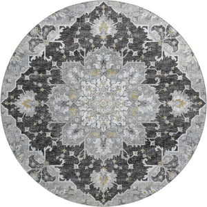 HomeRoots 8' Stylish Graphite Gold Charcoal Floral Medallion Round Rug - Washable, UV Protected, Durable Design 644547
