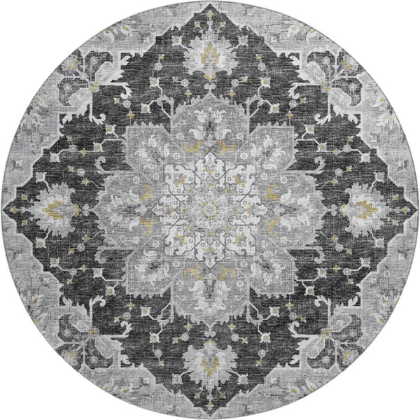 HomeRoots 8' Stylish Graphite Gold Charcoal Floral Medallion Round Rug - Washable, UV Protected, Durable Design 644547