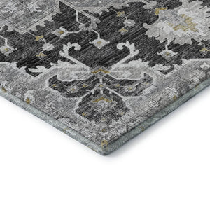 HomeRoots 8' Stylish Graphite Gold Charcoal Floral Medallion Round Rug - Washable, UV Protected, Durable Design 644547