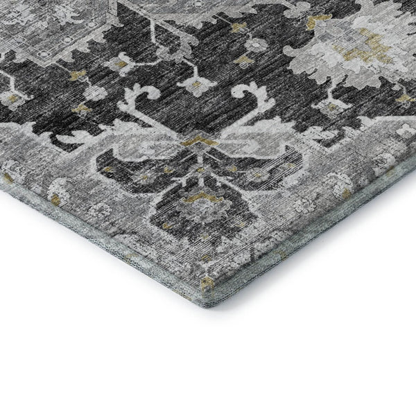 HomeRoots 8' Stylish Graphite Gold Charcoal Floral Medallion Round Rug - Washable, UV Protected, Durable Design 644547