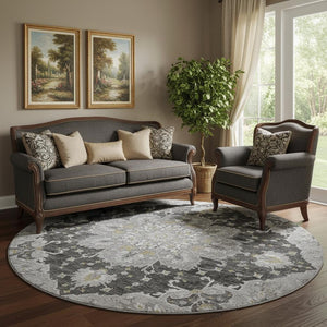 HomeRoots 8' Stylish Graphite Gold Charcoal Floral Medallion Round Rug - Washable, UV Protected, Durable Design 644547