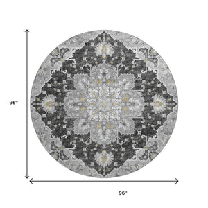 HomeRoots 8' Stylish Graphite Gold Charcoal Floral Medallion Round Rug - Washable, UV Protected, Durable Design 644547
