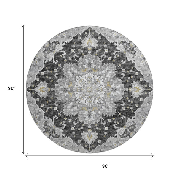 HomeRoots 8' Stylish Graphite Gold Charcoal Floral Medallion Round Rug - Washable, UV Protected, Durable Design 644547