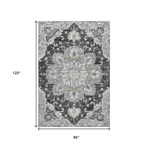 HomeRoots 8' X 10' Graphite Gold Floral Medallion Area Rug - Washable, Stain Resistant & UV Protected Design 644548