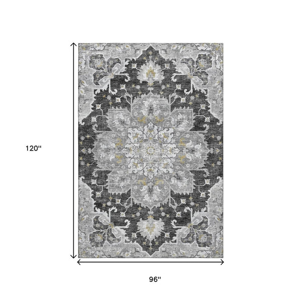 HomeRoots 8' X 10' Graphite Gold Floral Medallion Area Rug - Washable, Stain Resistant & UV Protected Design 644548
